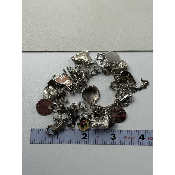 Mostly Vintage Sterling Silver 25 Charms Bracelet 7.5" Frog Cheerleader Fish Cat - Picture 2 of 7